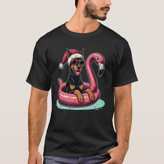 Camiseta Navidad Divertida en Julio Doberman Perro Santa Fl (Anverso)