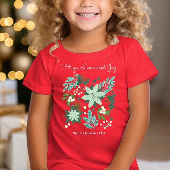 Camiseta Navidad Floral Fiesta Rojo Adorable (Cute Floral Christmas Party Red T-Shirt)