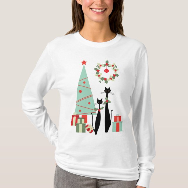 Camiseta Navidad fresco moderno del gato de los mediados de (Anverso)