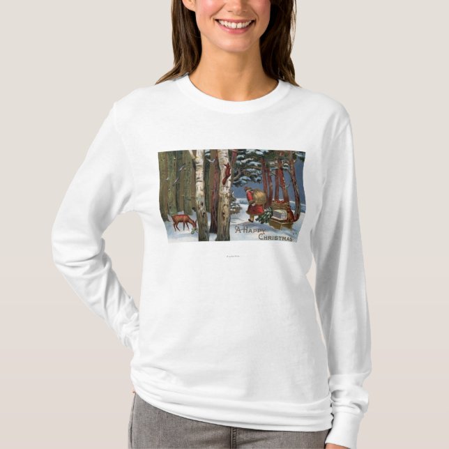 Camiseta Navidad GreetingSanta a través del bosque (Anverso)