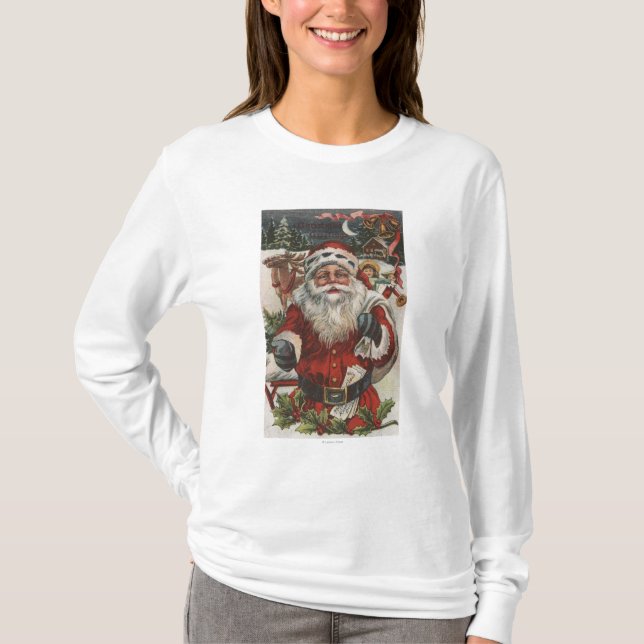 Camiseta Navidad GreetingSanta con los ciervos y los niños (Anverso)