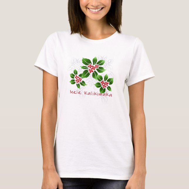 Camiseta Navidad hawaiano de Mele Kalikimaka del acebo rojo (Anverso)