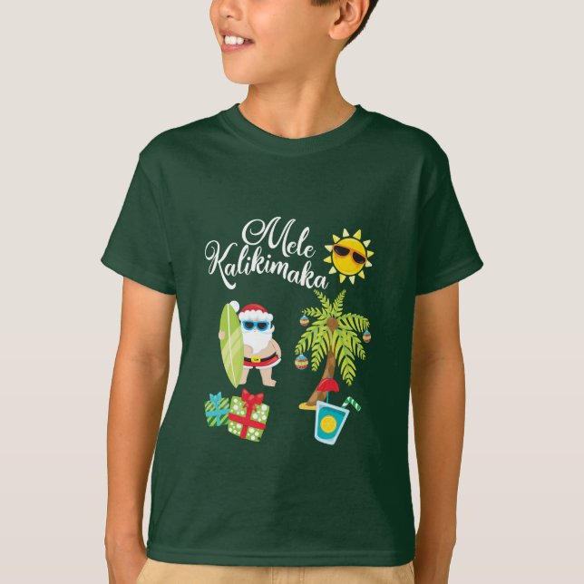 Camiseta Navidad hawaiano. Papá Noel Mele Kalikimaka. (Anverso)