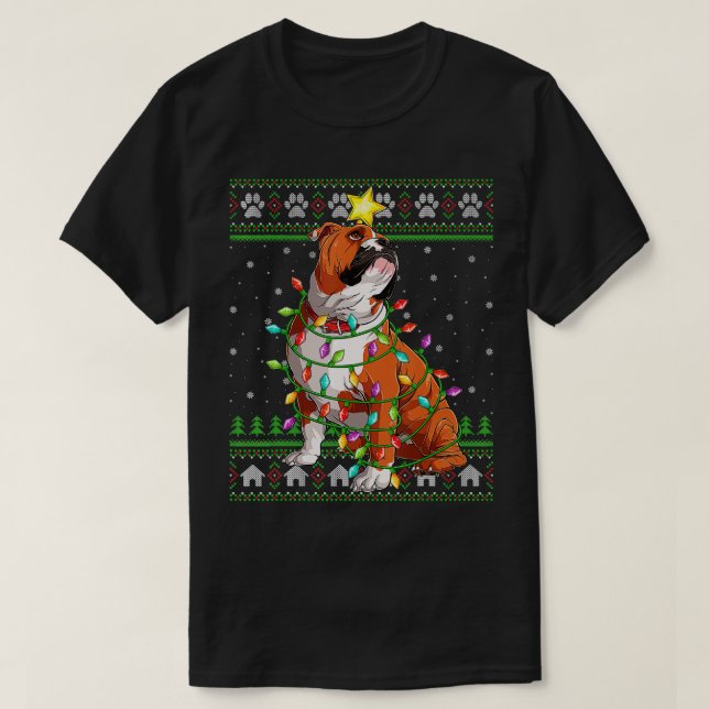 Camiseta Navidad iluminando a Santa Hat Chris, Bulldog ingl (Diseño del anverso)