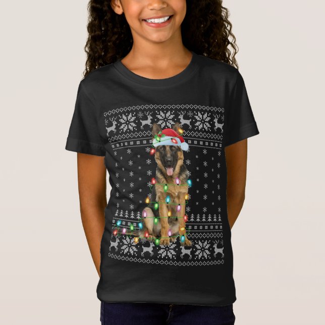 Camiseta Navidad iluminando a Santa Hat Pastor Alemán feo C (Anverso)