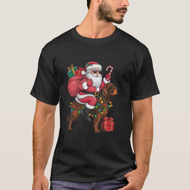Camiseta Navidad iluminando a Santa Riding Irlanda Setter D (Anverso)