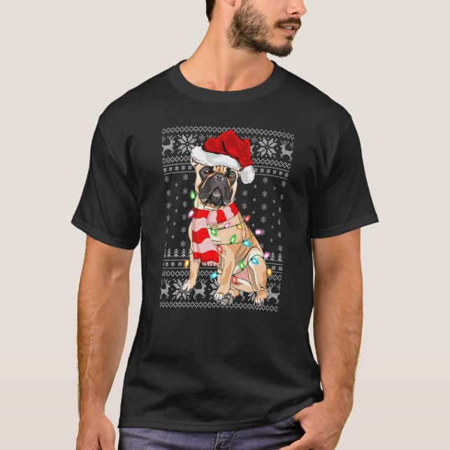 Camiseta Navidad iluminando Santa Hat Cristo Bulldog francé (Anverso)