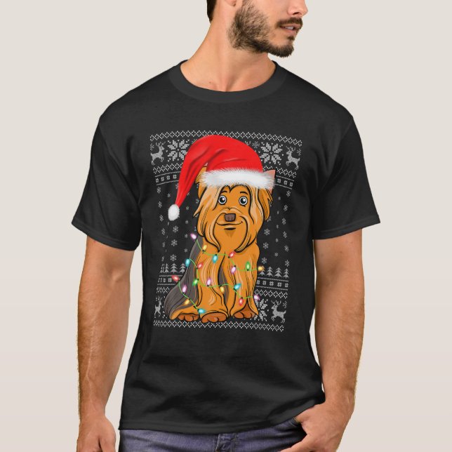 Camiseta Navidad iluminando Santa Hat Ugly Yorkshire Terrie (Anverso)