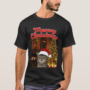Camiseta Navidad Meowy Gato Divertido Meme Sombrero de Sant
