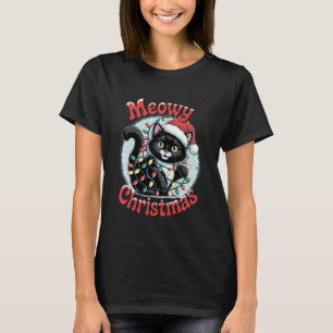 Camiseta Navidad Meowy Gato Negro Enredado en Luces Diverti