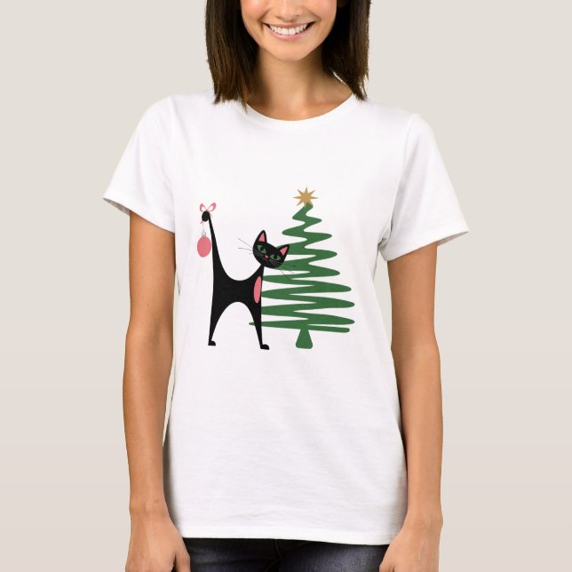 Camiseta Navidad Moderna de Mitad de Siglo 1950's Gato Atóm (Anverso)