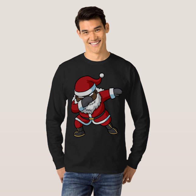 Camiseta Navidad negro del lenguado de Papá Noel que frota (Anverso completo)