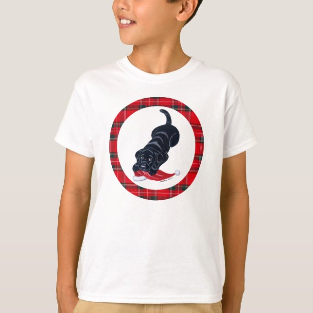 Camiseta Navidad negro del perrito de Labrador y del gorra (Anverso)