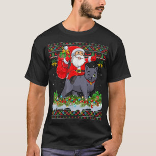Camiseta Navidad Pajamas Feo De Santa Riendo Gato Azul Ruso
