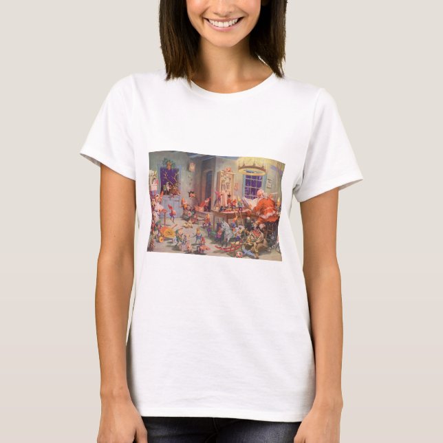 Camiseta Navidad Retro, Santa Claus con taller de duendes (Anverso)