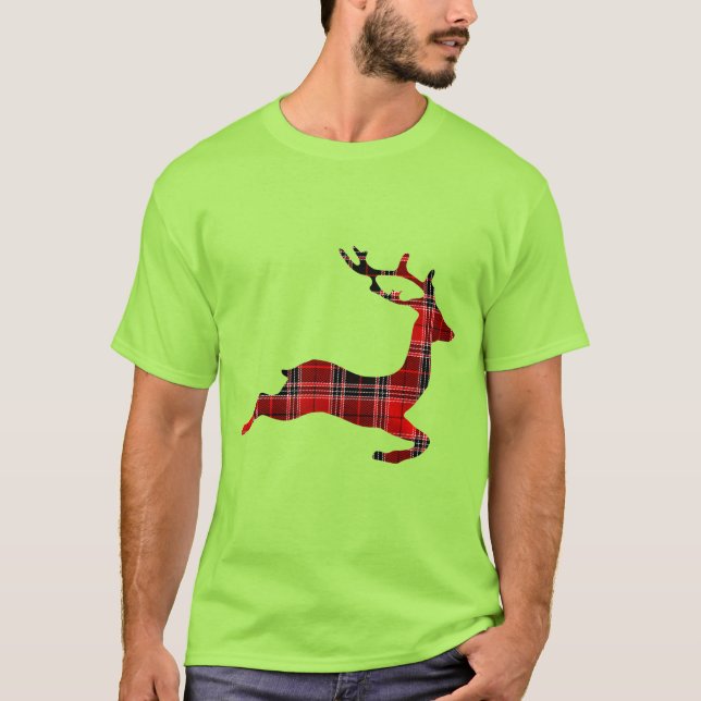 Camiseta Navidad rojo del escocés del reno del tartán (Anverso)