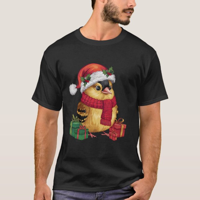 Camiseta Navidad Santa Hat American Goldfinch Bird Chr (Anverso)