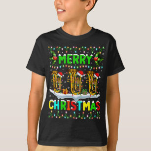Camiseta Navidad Tuba alumbrando Santa Hat Feliz Navidad Tu