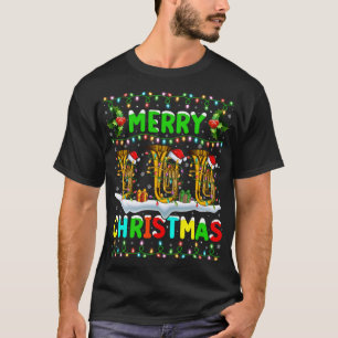 Camiseta Navidad Tuba alumbrando Santa Hat Feliz Navidad Tu