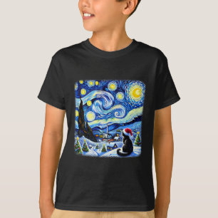 Camiseta Navidad Van Gogh Noche estrellada Gato negro Santa