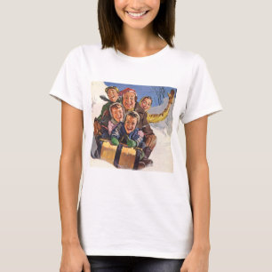 Camiseta Navidad Vintage, Familia Feliz Deslizándose en Tri