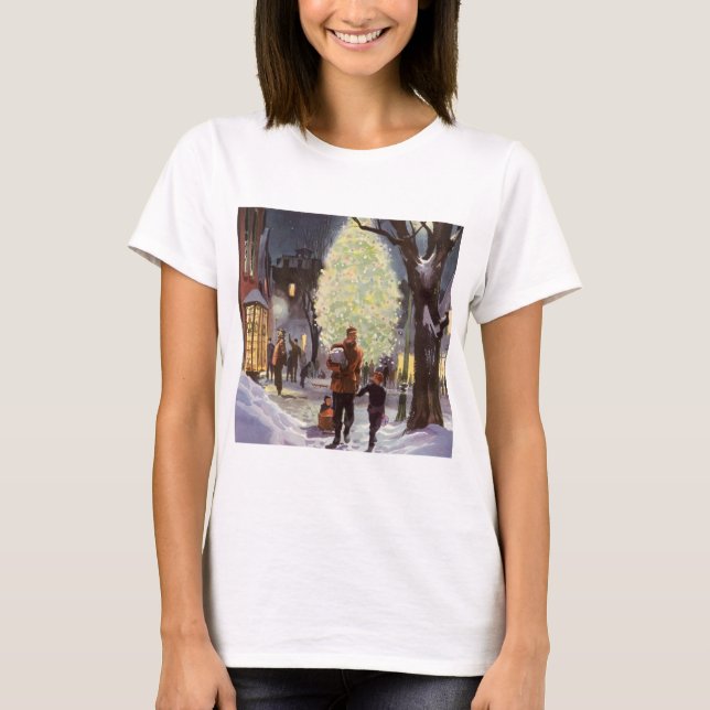 Camiseta Navidad vintage, padre comprando con los niños (Anverso)