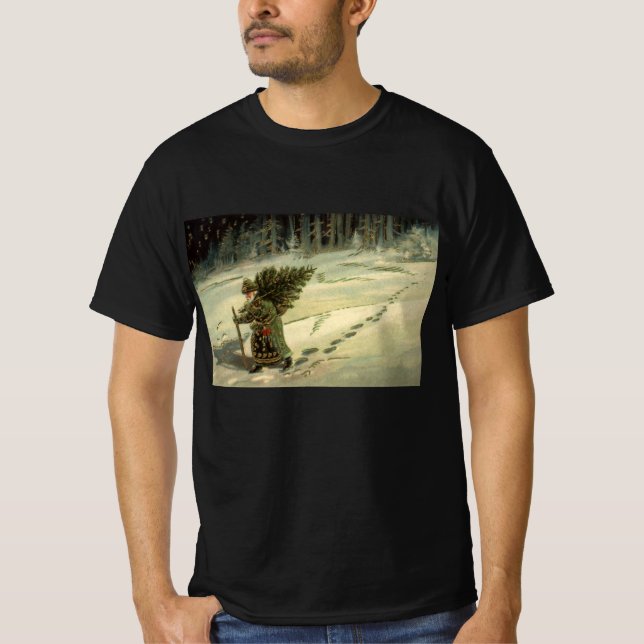 Camiseta Navidad vintage, Papá Noel cargando un árbol (Anverso)