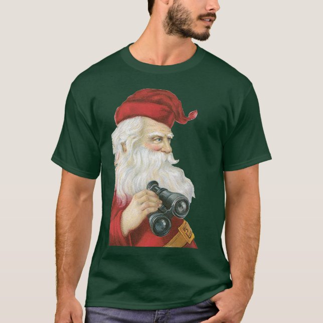 Camiseta Navidad Vintage, Papá Noel con Prismáticos (Anverso)