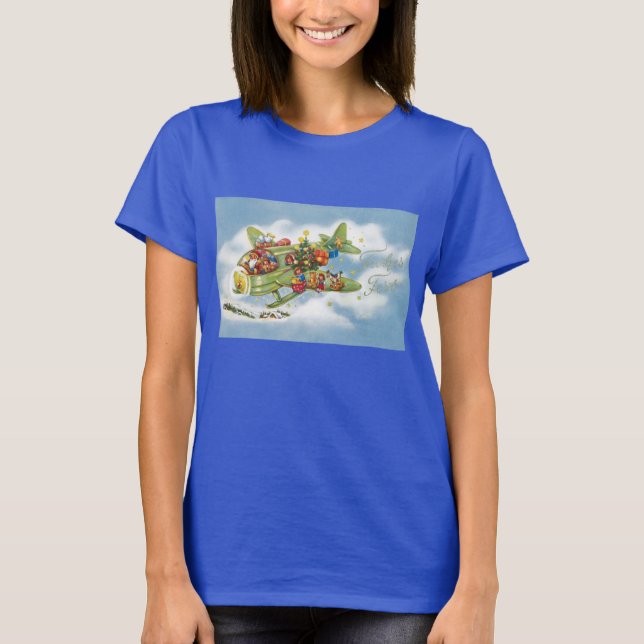 Camiseta Navidad vintage, Santa Claus volando un avión (Anverso)