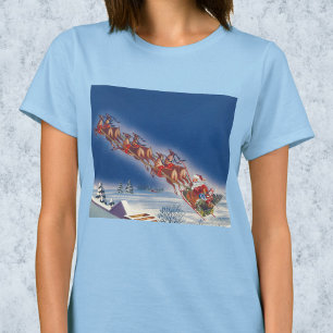 Camiseta Navidad Vintage, Santa volando en su trineo con re
