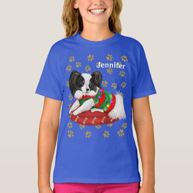 Camiseta Navidades Adorables Papillon Puppy Nombre Personal (Anverso)