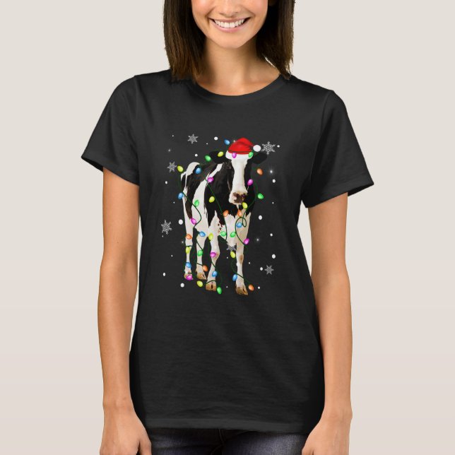 Camiseta Navidades alumbran Navidad Santa Hat Dairy Cow Ani (Anverso)