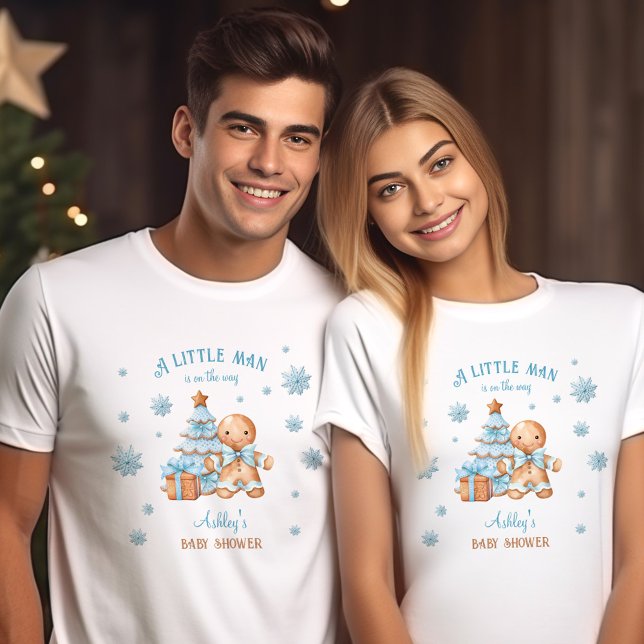 Camiseta Navidades azules del hombre de pan de jengibre Bab (Gingerbread Man Boy Blue Christmas Baby Shower T-Shirt)