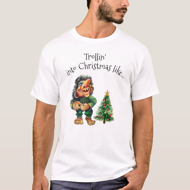 Camiseta Navidades baratos en trolls y luz de árbol (Anverso)