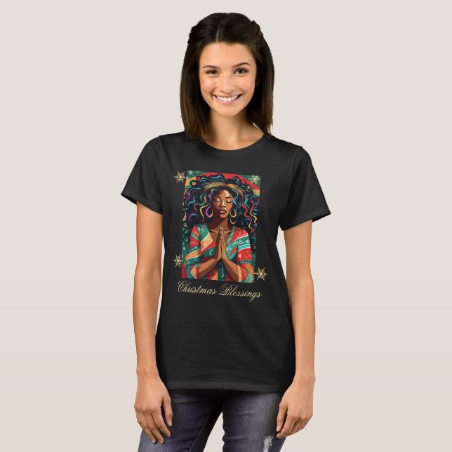 Camiseta Navidades bendicen a mujer negra rezando (Anverso completo)
