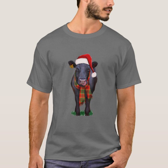Camiseta Navidades Black Angus Cow Santa Hat, Hola Thankm (Anverso)