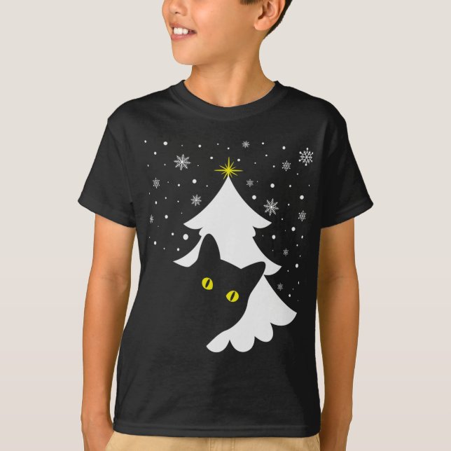 Camiseta Navidades Black Cat Christmas Tree snow and stars (Anverso)