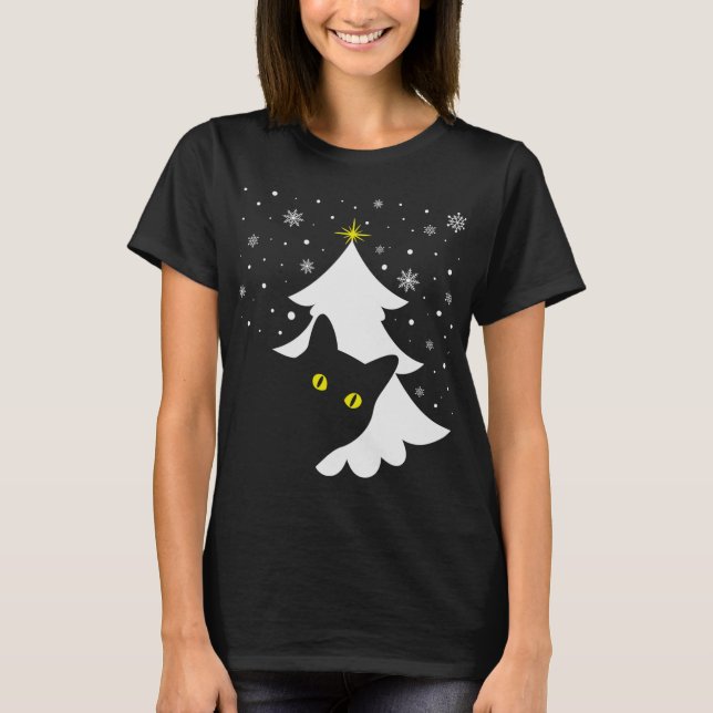 Camiseta Navidades Black Cat Christmas Tree snow and stars (Anverso)