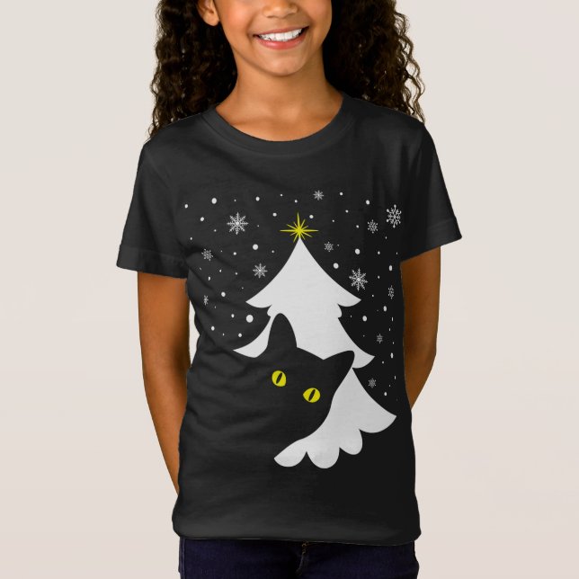 Camiseta Navidades Black Cat Christmas Tree snow and stars (Anverso)