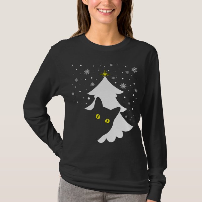 Camiseta Navidades Black Cat Christmas Tree snow and stars (Anverso)