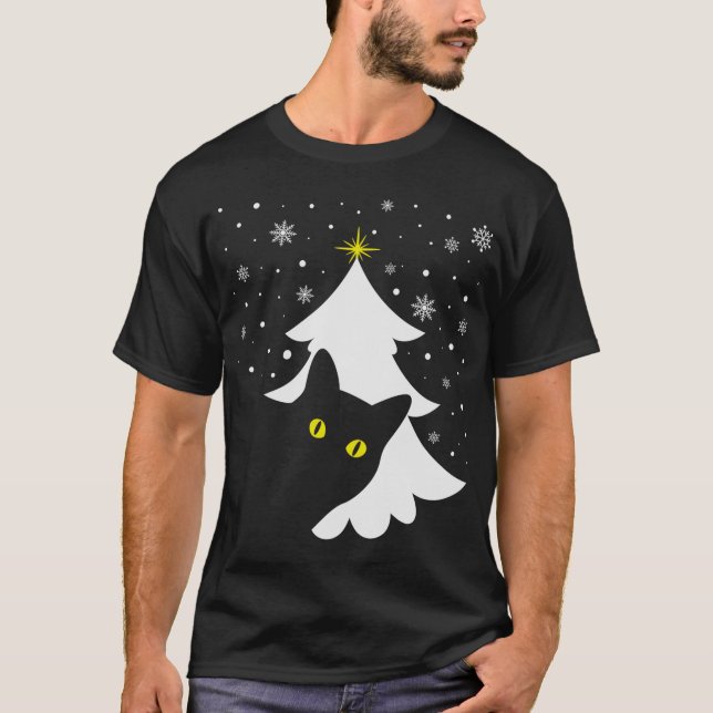 Camiseta Navidades Black Cat Christmas Tree snow and stars (Anverso)