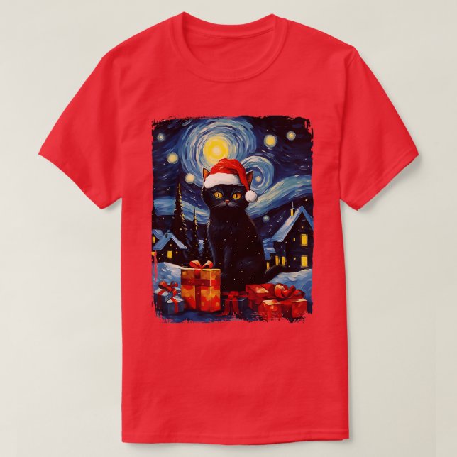 Camiseta Navidades Black Cat Starry Night Van Gogh Retro Ca (Diseño del anverso)