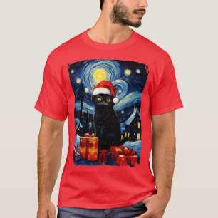 Camiseta Navidades Black Cat Starry Night Van Gogh Retro Ca