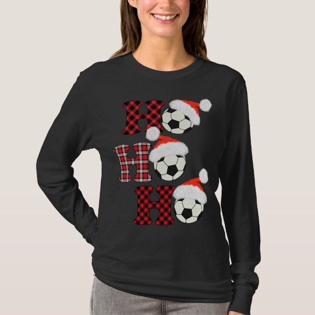 Camiseta Navidades Bola de Fútbol Santa Head Red Plaid Xmas (Anverso)