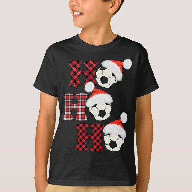 Camiseta Navidades Bola de Fútbol Santa Head Red Plaid Xmas (Anverso)