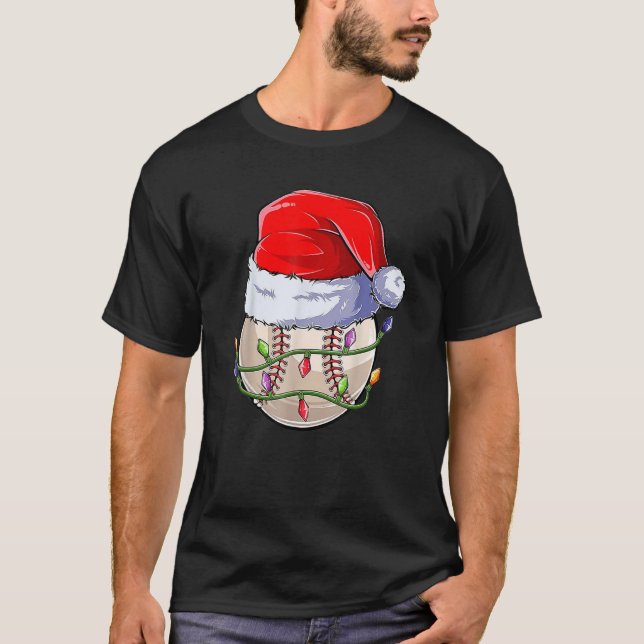 Camiseta Navidades Bolas de béisbol Santa Hat Xmas Luces (Anverso)