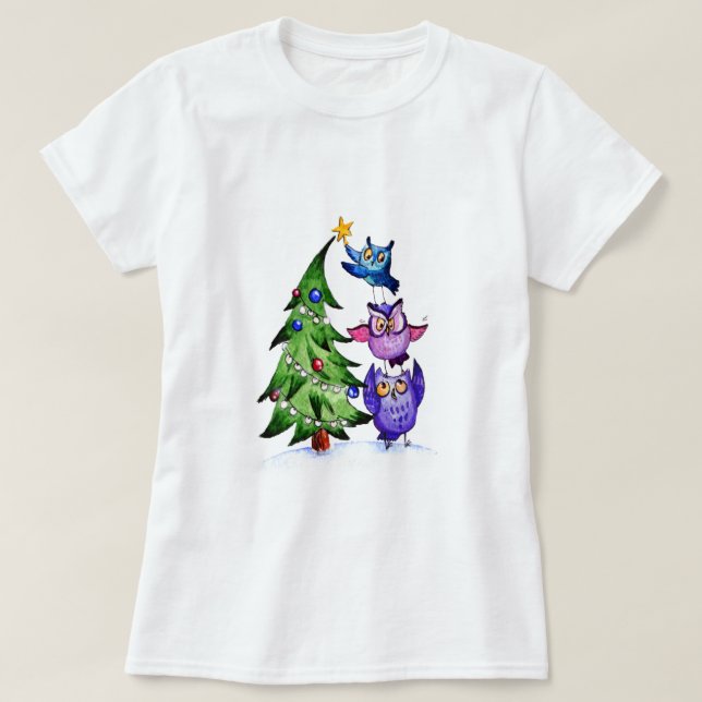 Camiseta Navidades búhos árbol de vacaciones (Diseño del anverso)