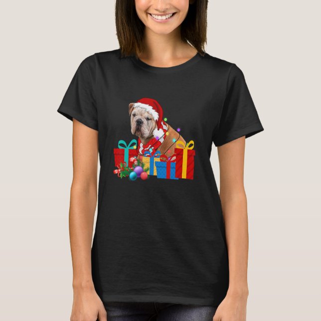 Camiseta Navidades Bulldog inglés Perro Xmas Luces Santa Ha (Anverso)