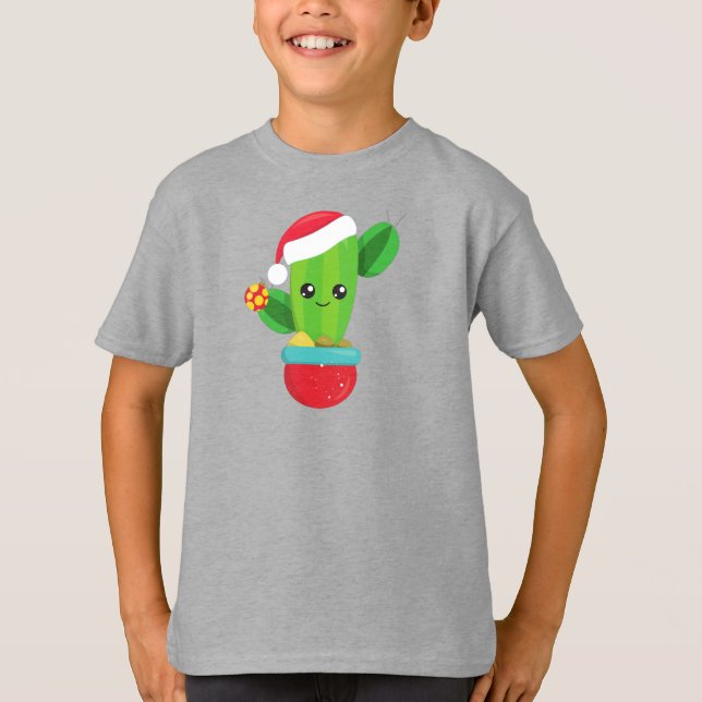 Camiseta Navidades Cactus, Santa Hat, Ornamentos de Navidad (Anverso)