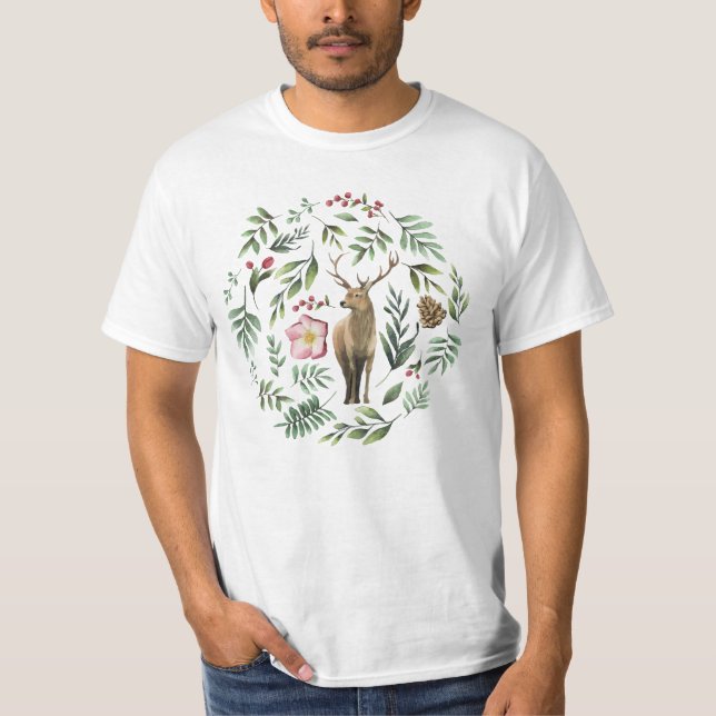 Camiseta Navidades ciervos y diseño circular de evergreens (Anverso)